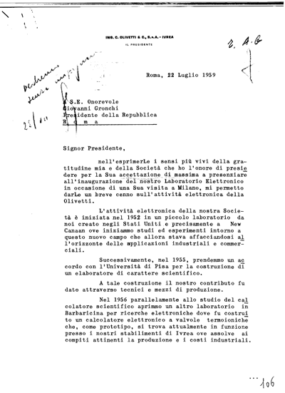 Lettera di Olivetti al presidente Gronchi